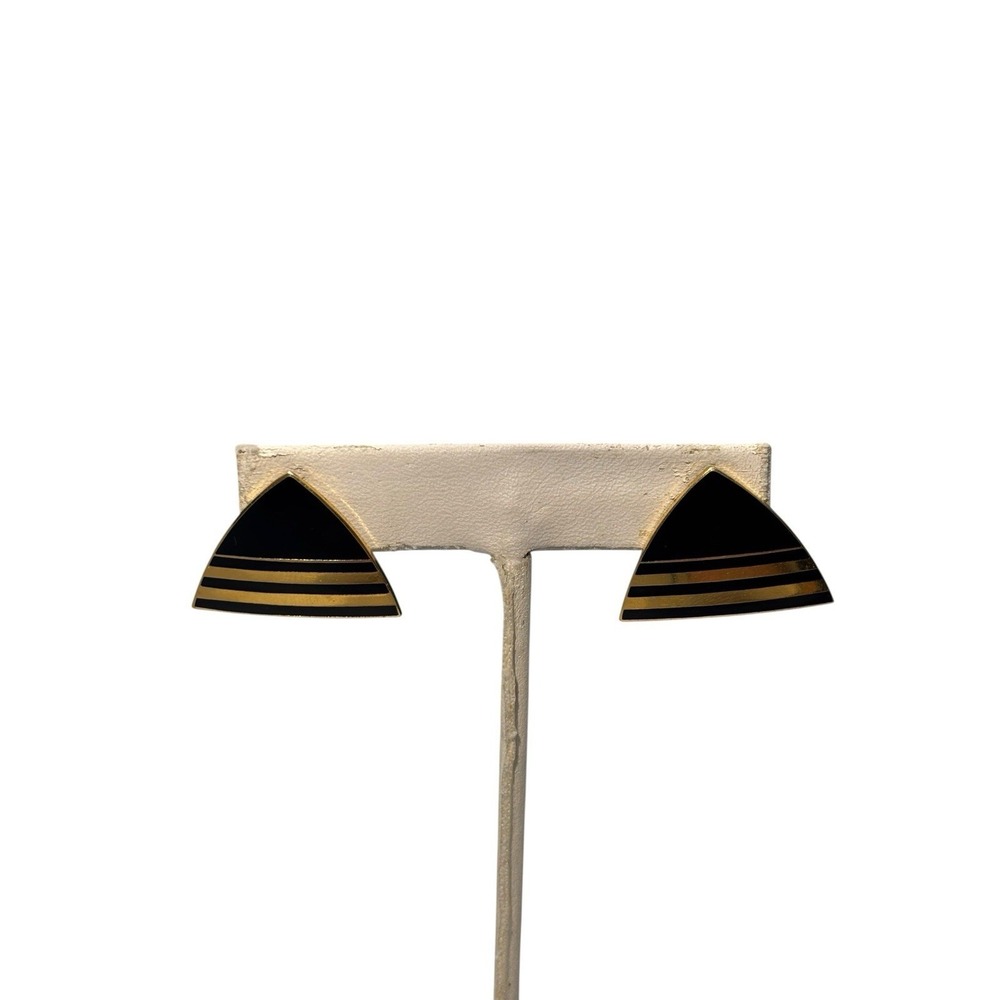 Vintage Skye Gold Tone Black‎ Enamel Elegant Triangle Pierced Stud Earrings